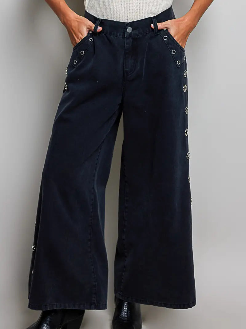 Low Rise Eyelet Studded Wide Leg Street Pants