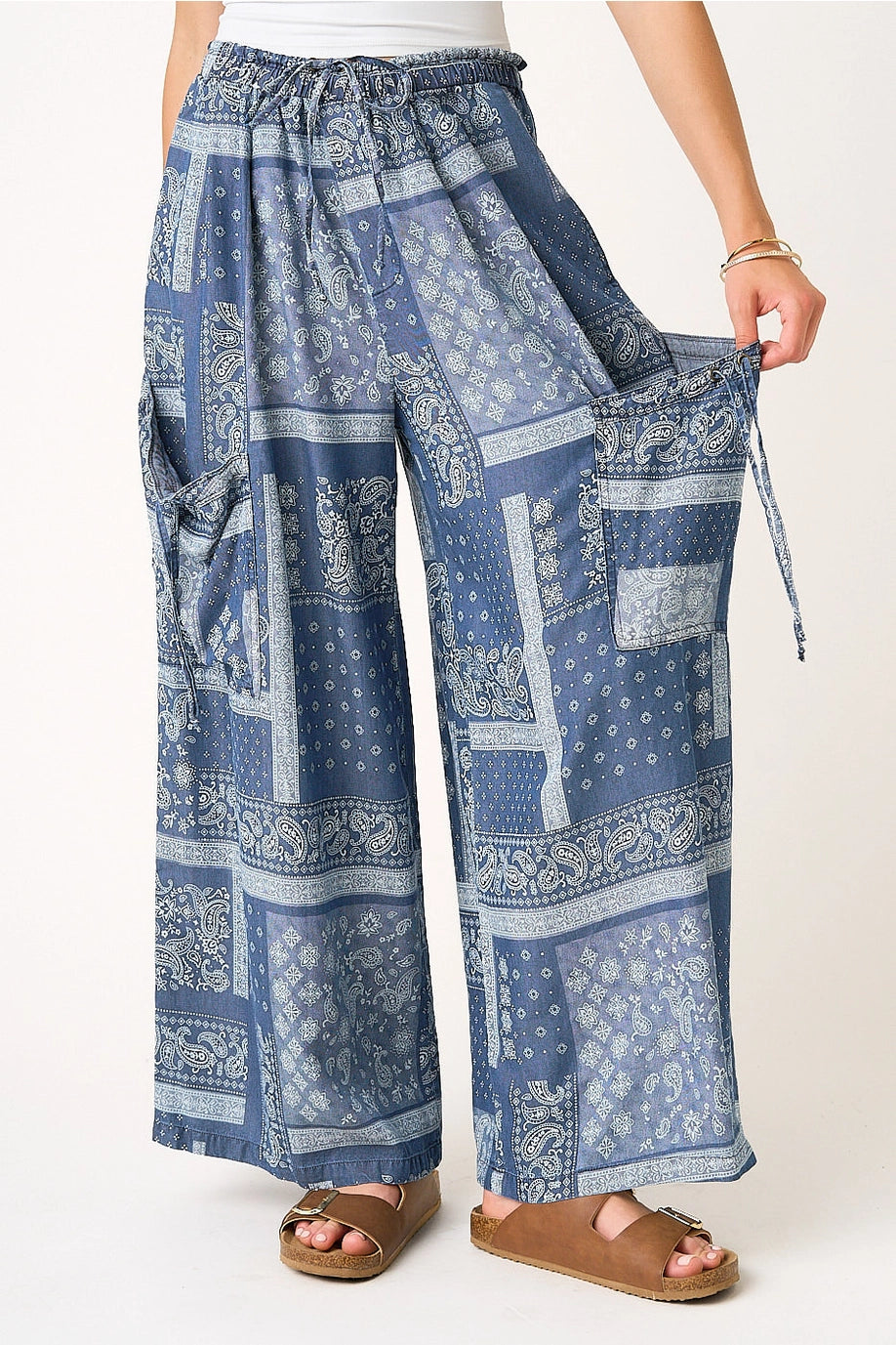 Paisley Print Chambray Drop Pocket Wide Leg Pants