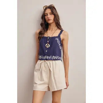 Embroidered Lace Trim Button-Front Tank Top