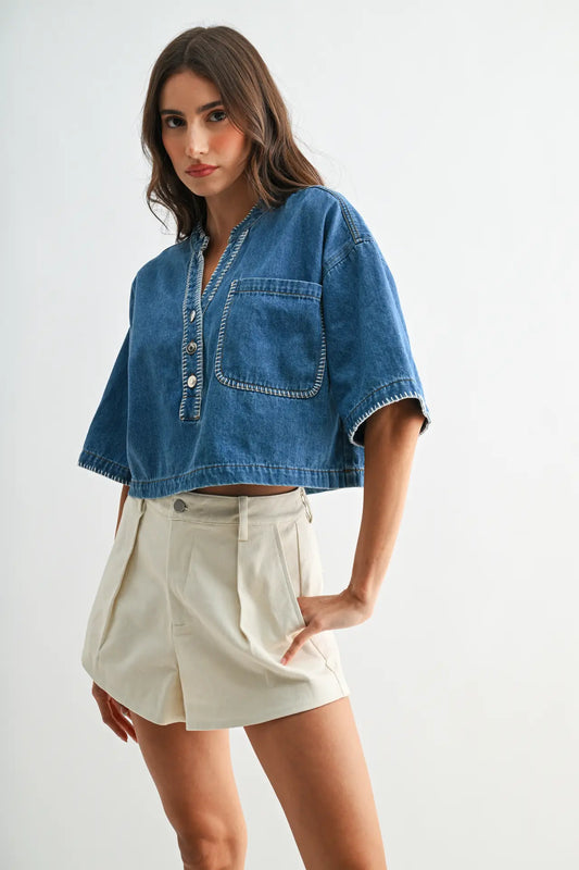Button Front Cropped Denim Top W/ Pocket