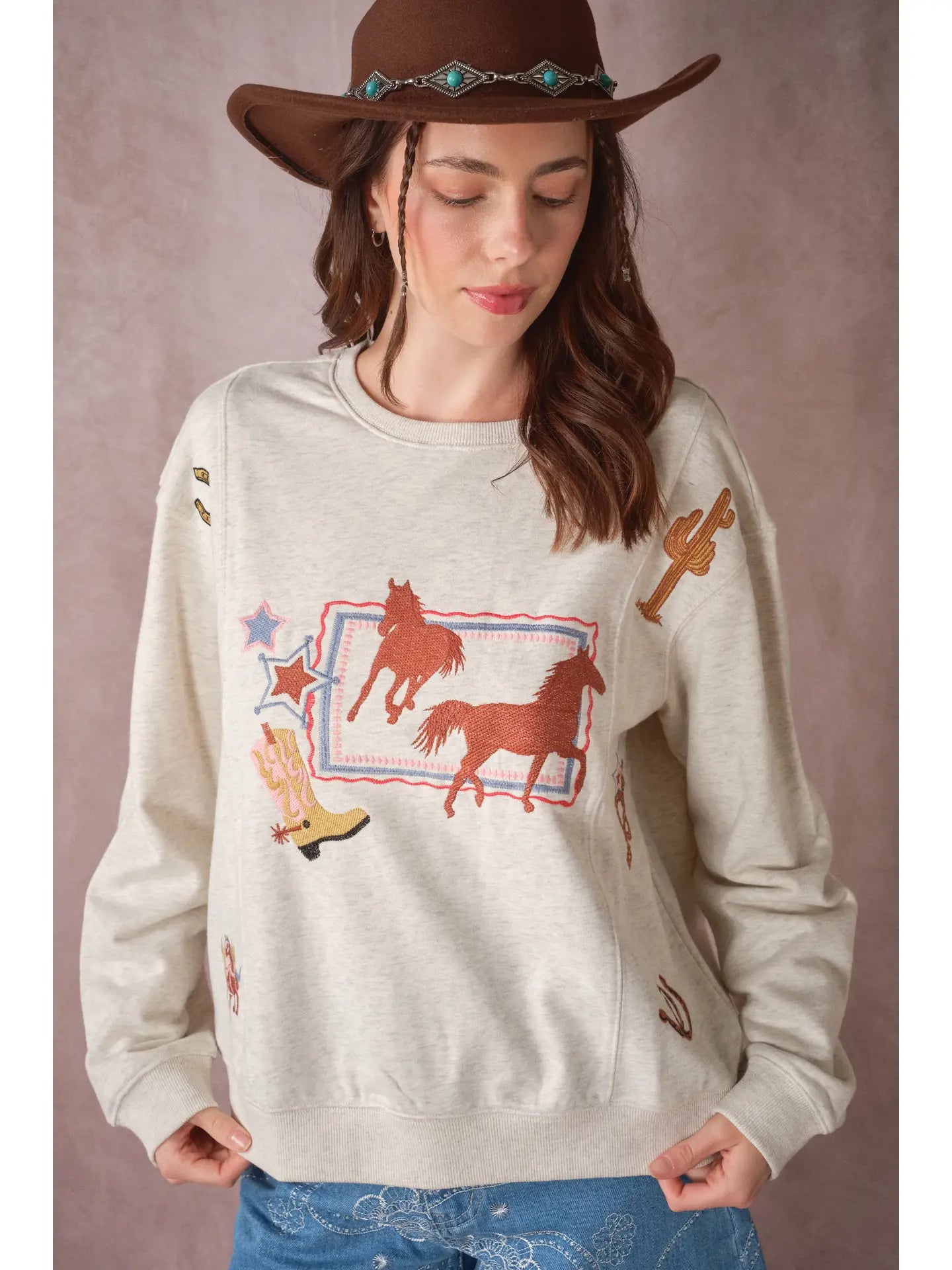 Western Motif Embroidered Sweatshirt