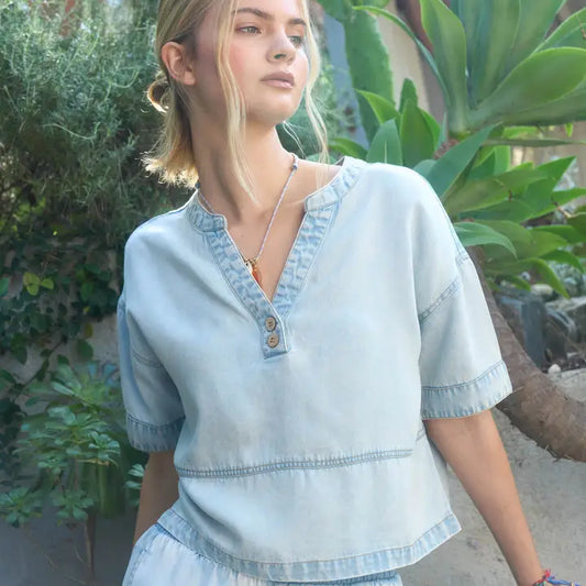 Washed Denim Split Neck Short Sleeve Top