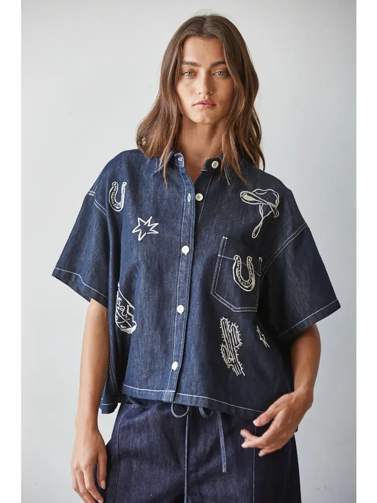 Western Embroidered Button Down Top