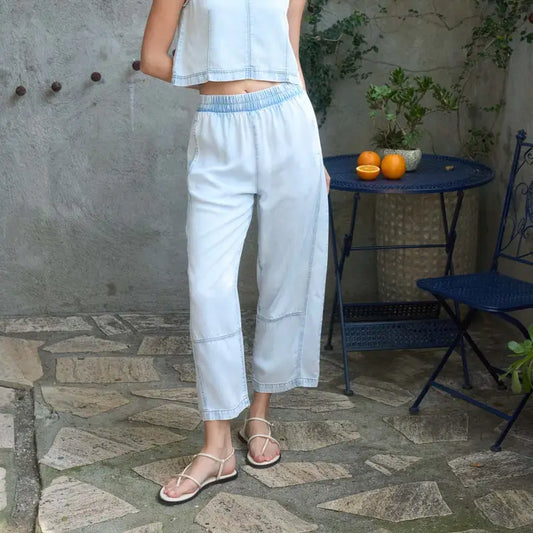 Elastic Waist Washed Denim Pants