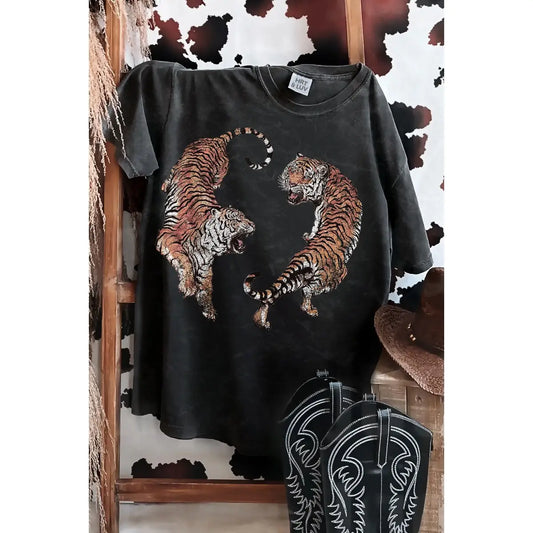 Washed Black Dual Tiger Graphic Tee