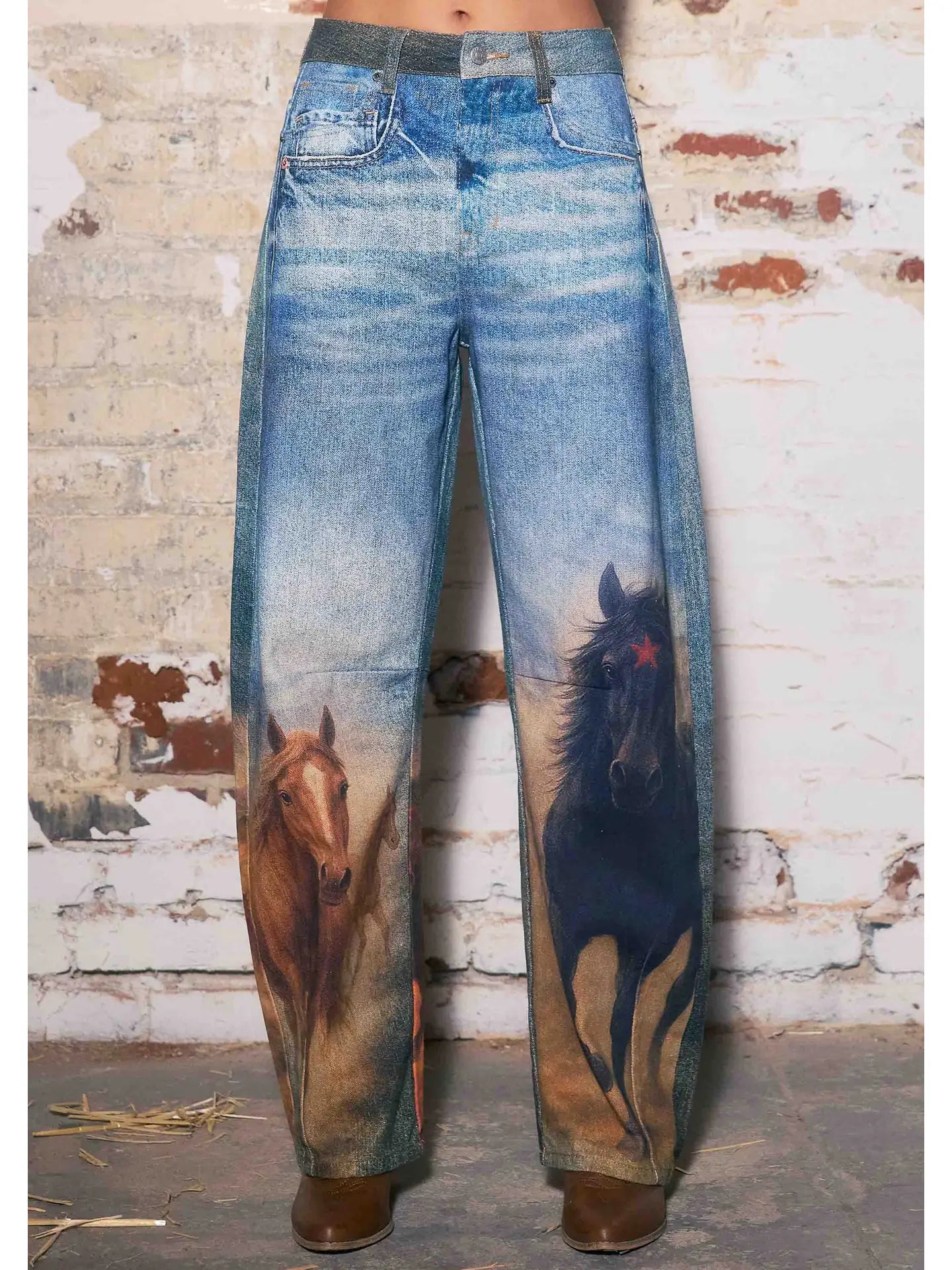 Horse Print Barrel Jeans