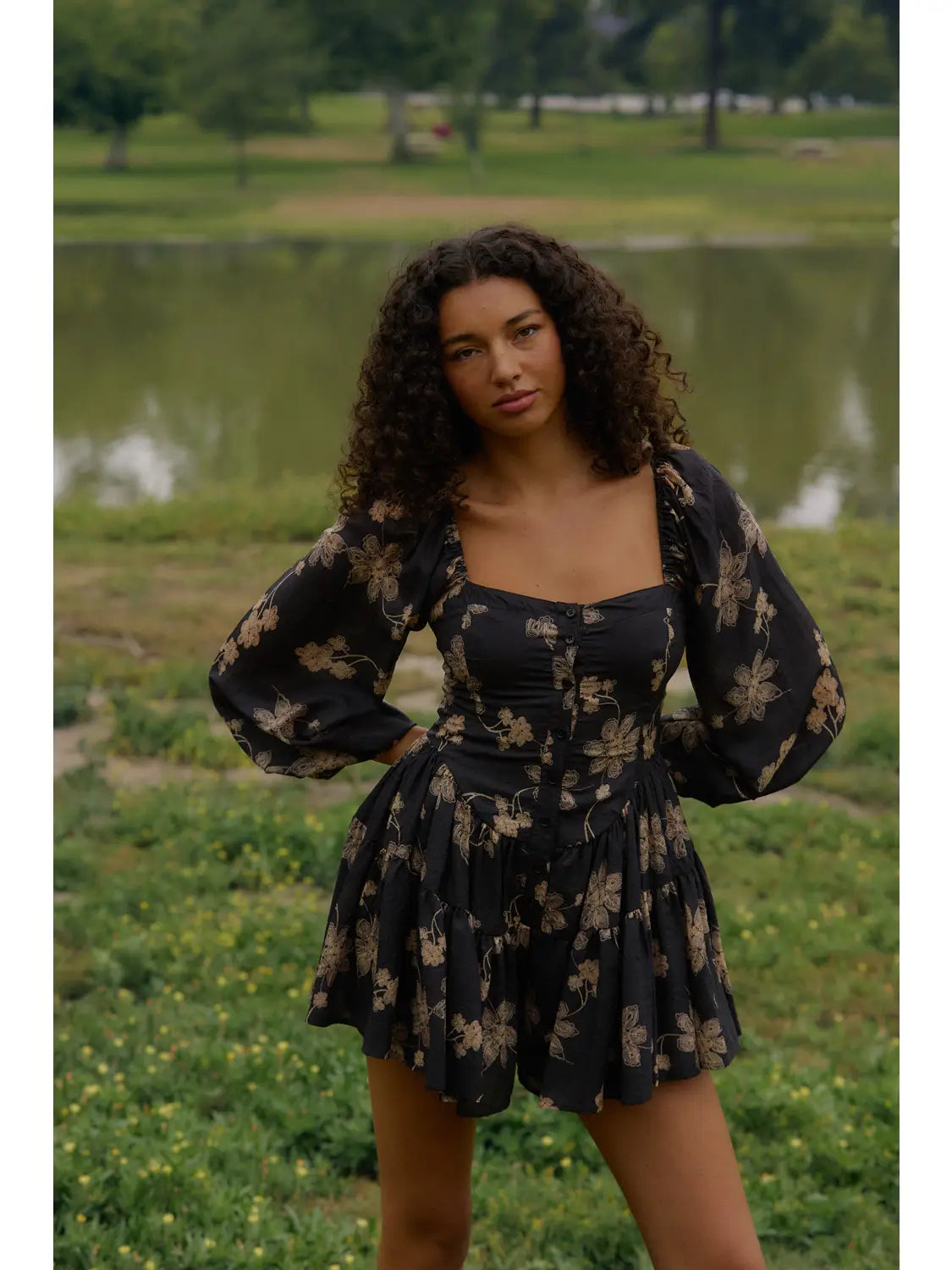 Floral Print Bubble Sleeve Romper