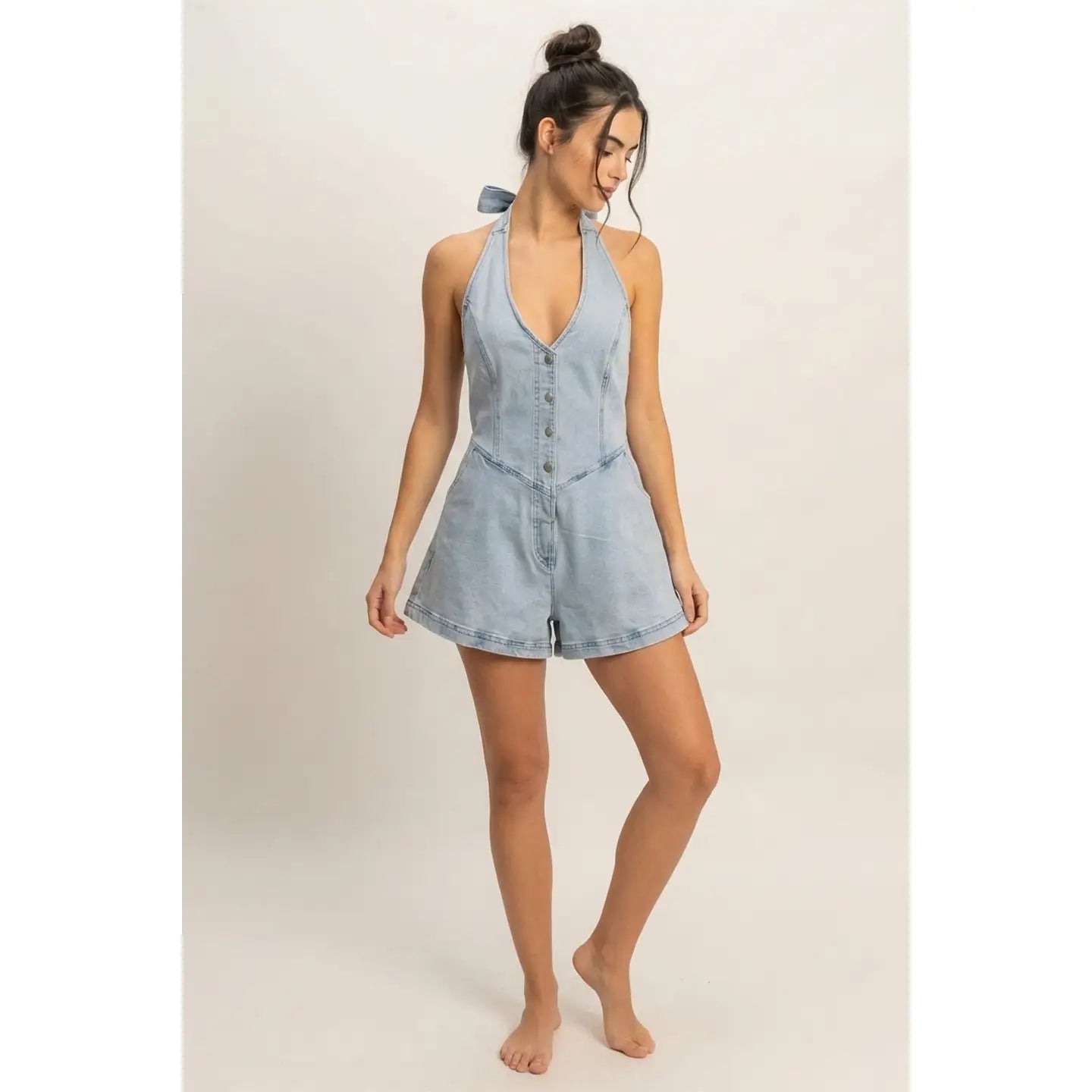 Light Blue Halter Denim Romper