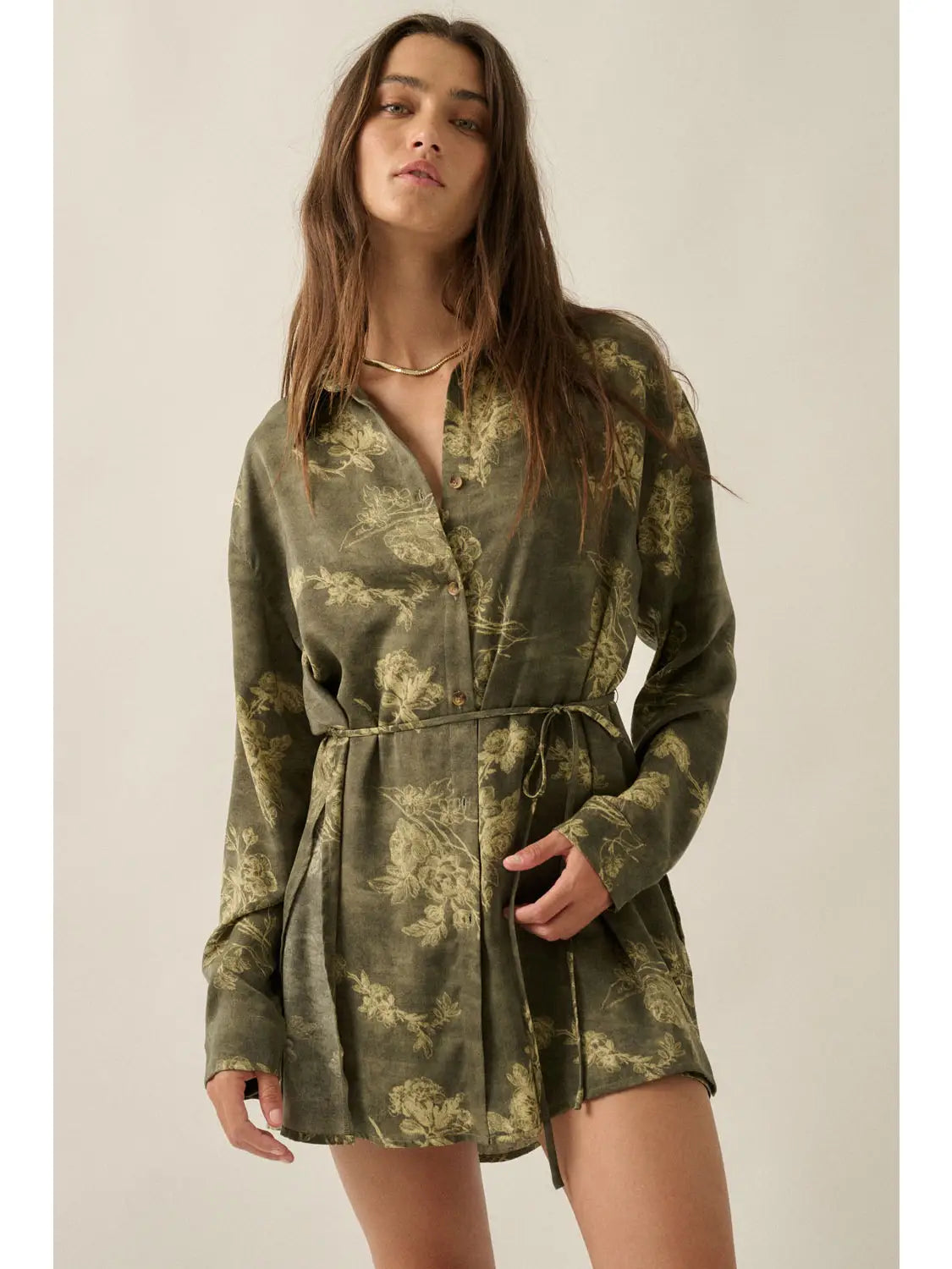 Floral-Print Satin Long-Sleeve Belted Button-Up Shirt Romper