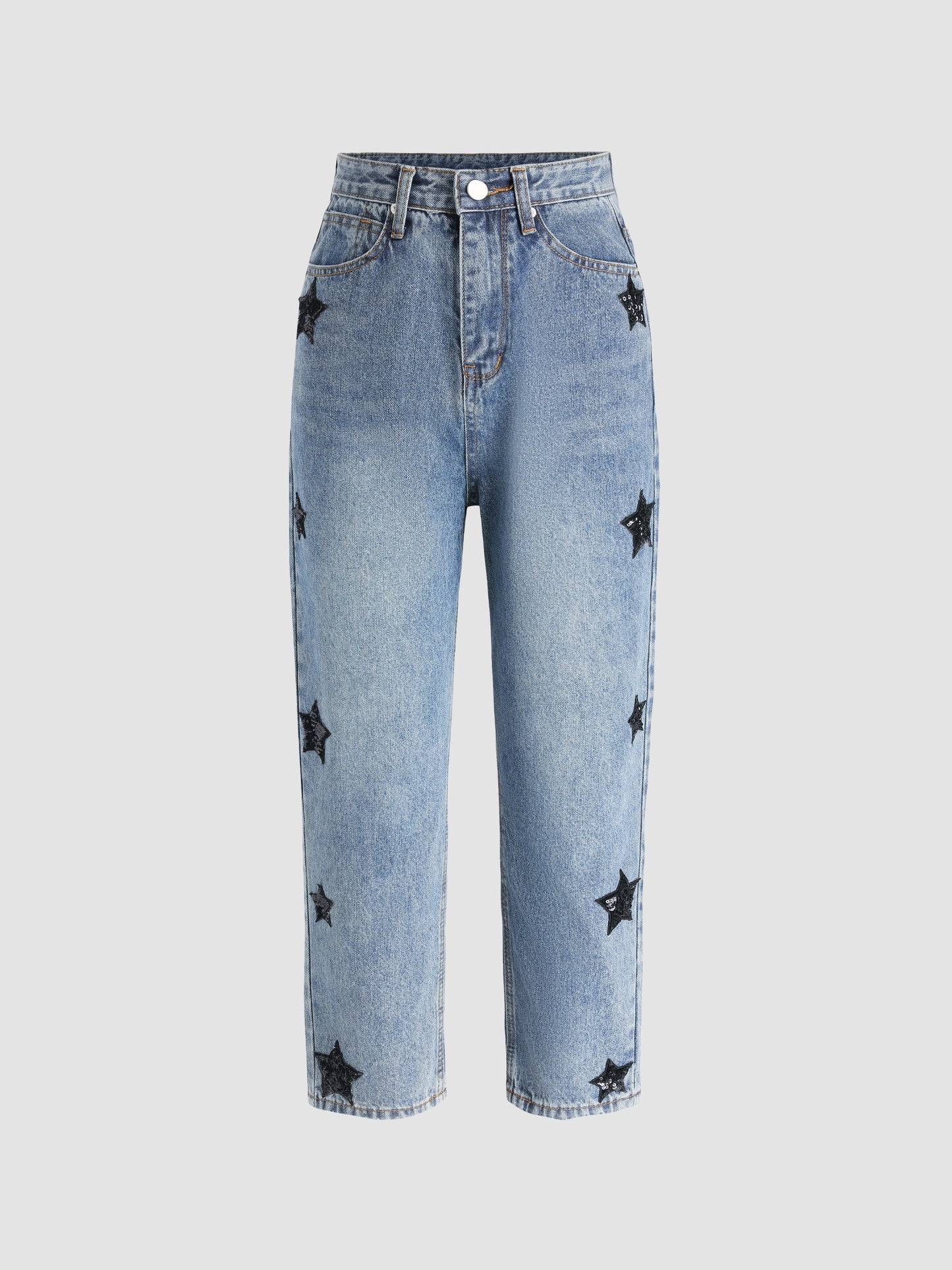 Mid Rise Ankle Length Relaxed Barrel Leg Star Printed Jeans