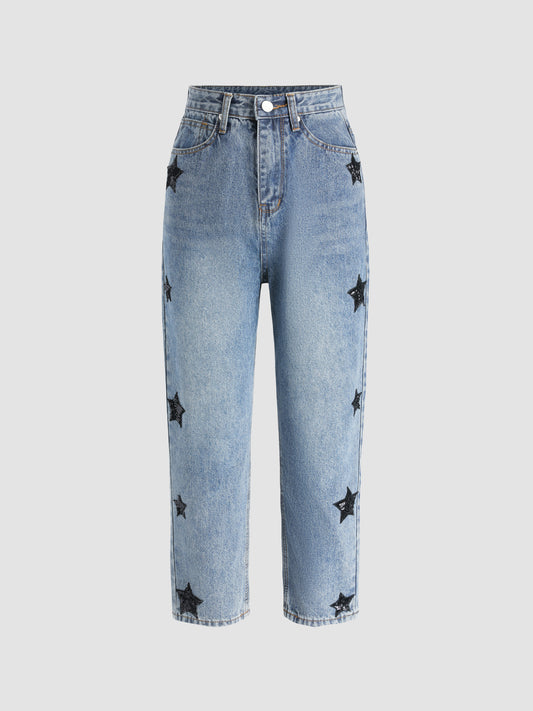 Mid Rise Ankle Length Relaxed Barrel Leg Star Printed Jeans