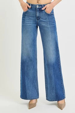 Straight High Rise Wide Jeans with 2tone Wash