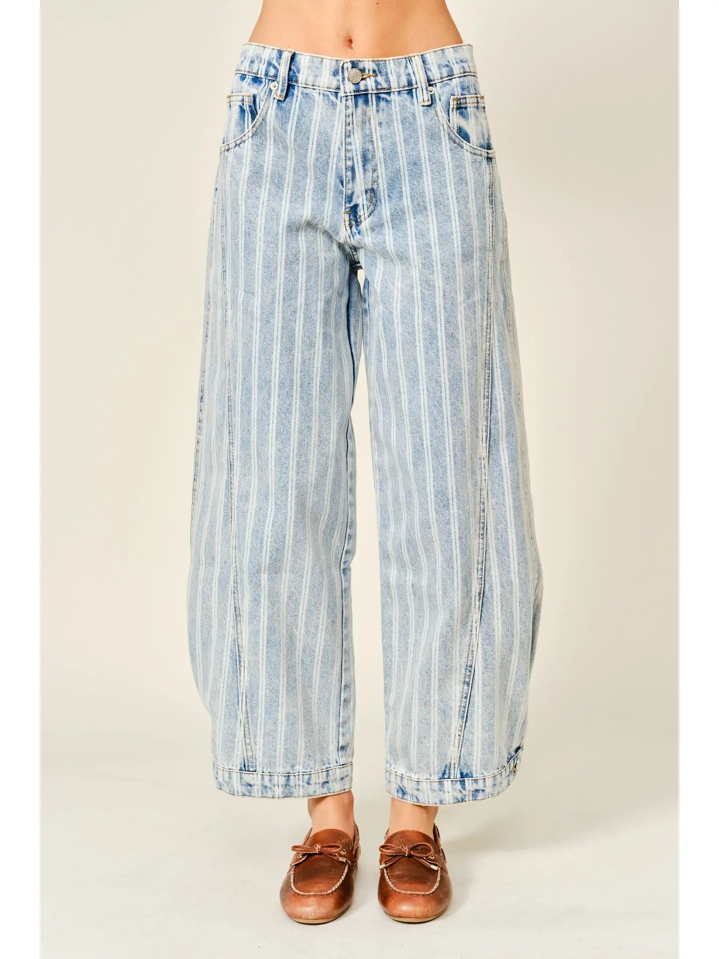 Striped Denim Balloon Washed Jeans
